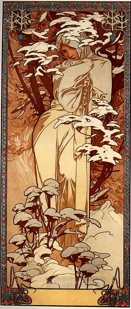 Winter 1897 panel Czech Art Nouveau distinct Alphonse Mucha Oil Paintings